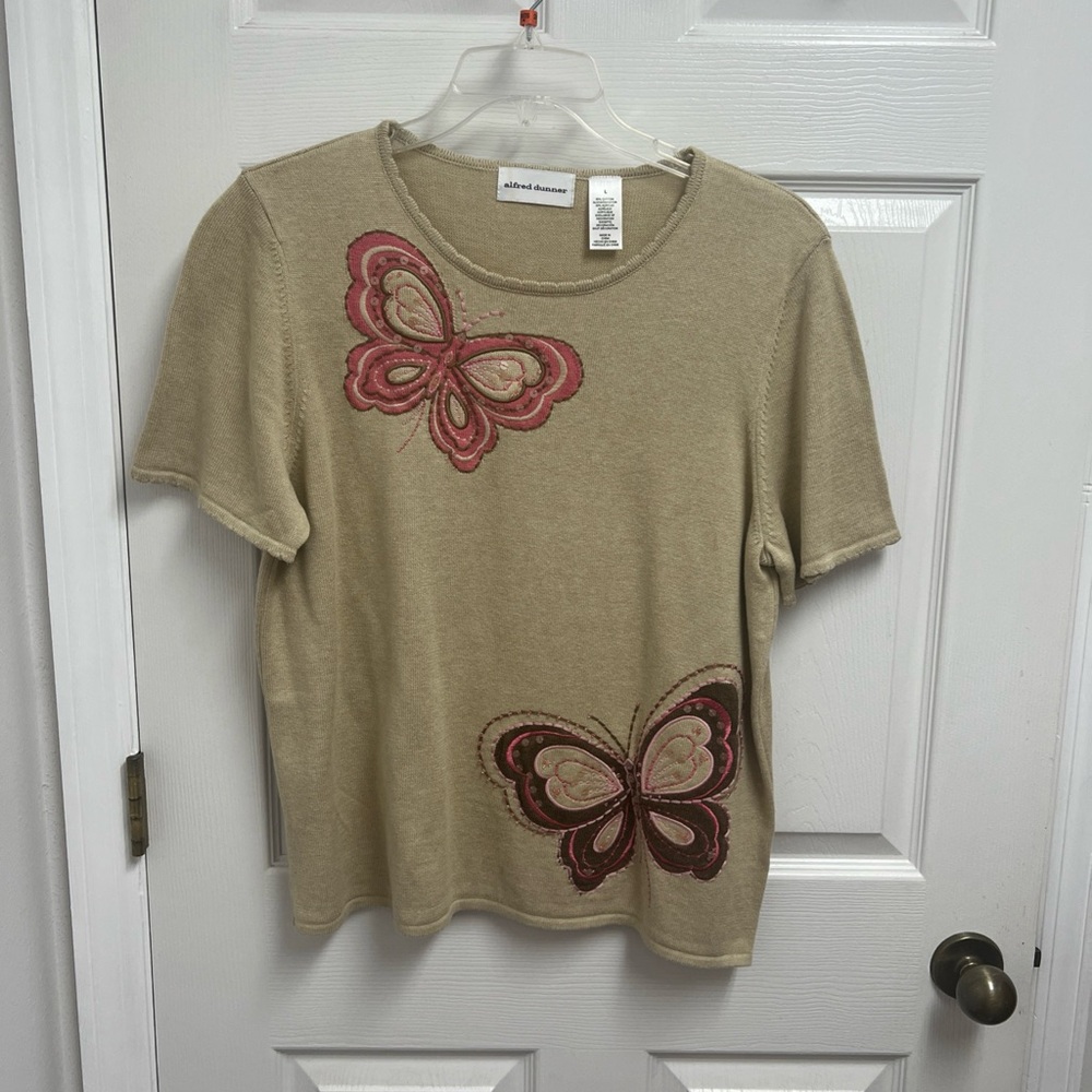 Embroidered Butterfly Beige Top Alfred Dunner